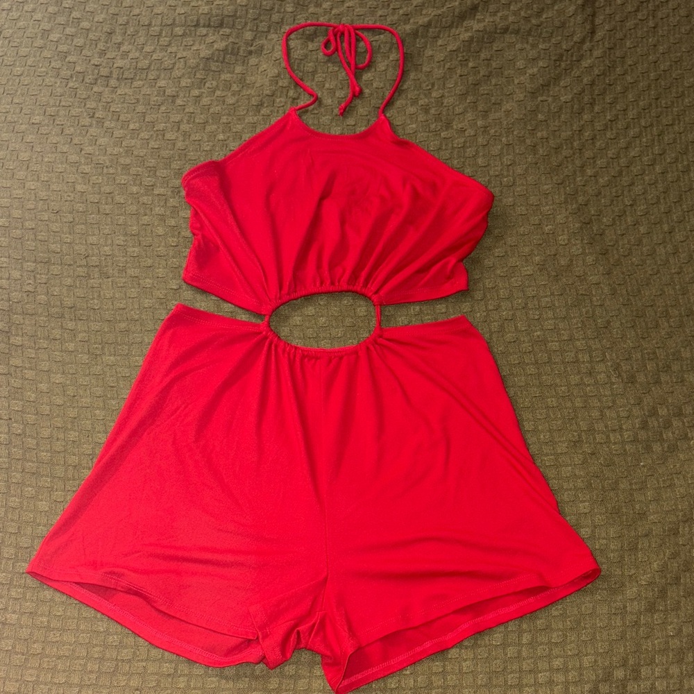 Chic Red Halter Cutout Romper